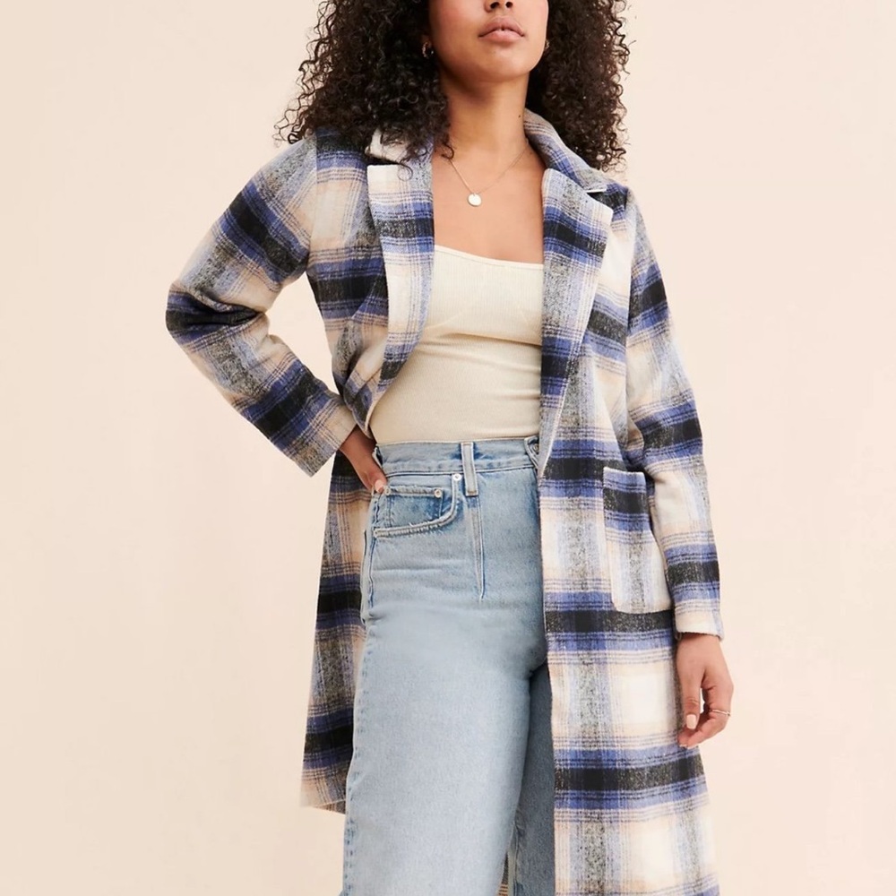 Anthropologie open front Plaid Women's Coat in Blue and Cream